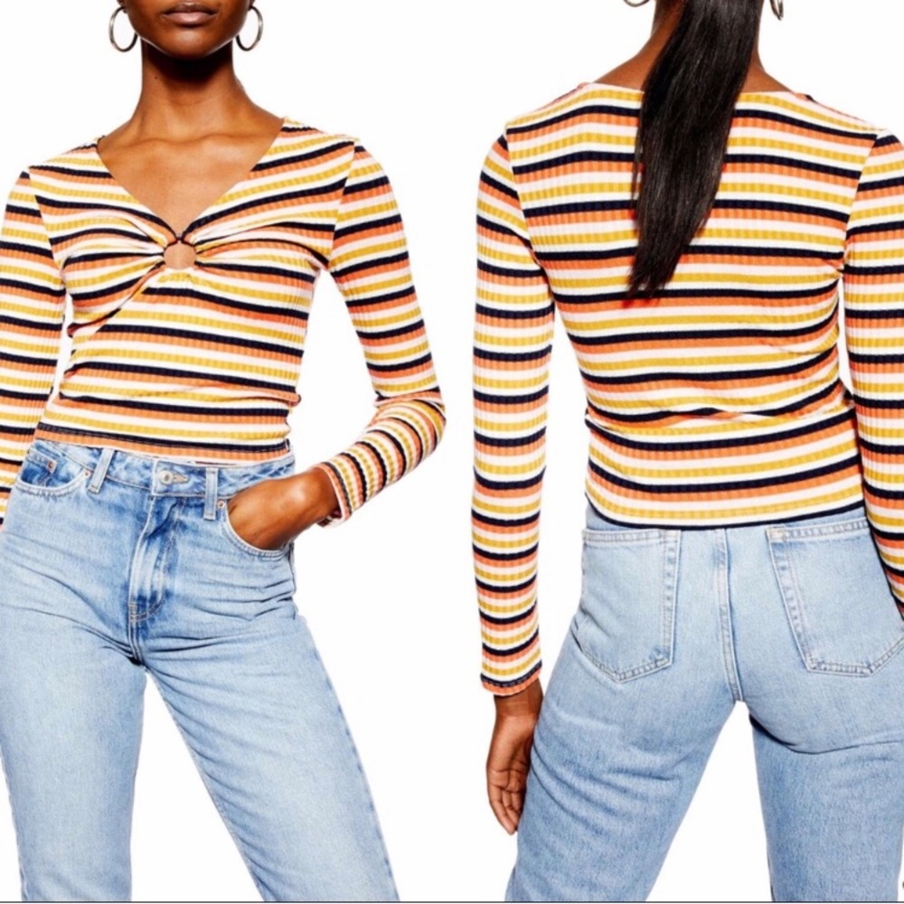 TOPSHOP Striped Long Sleeve Crop Top